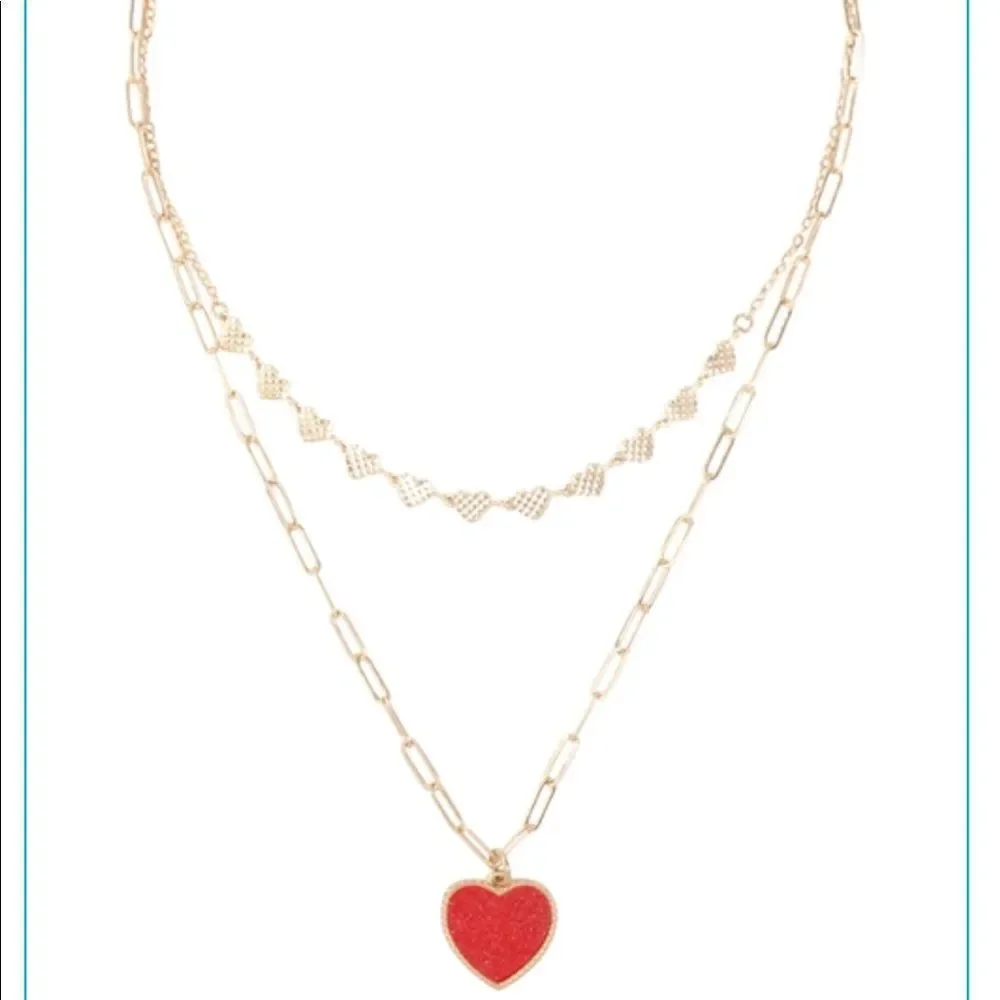 NEW Two Layered Druzy Heart Pendant Necklace in Matte Gold - Picture 2 of 6